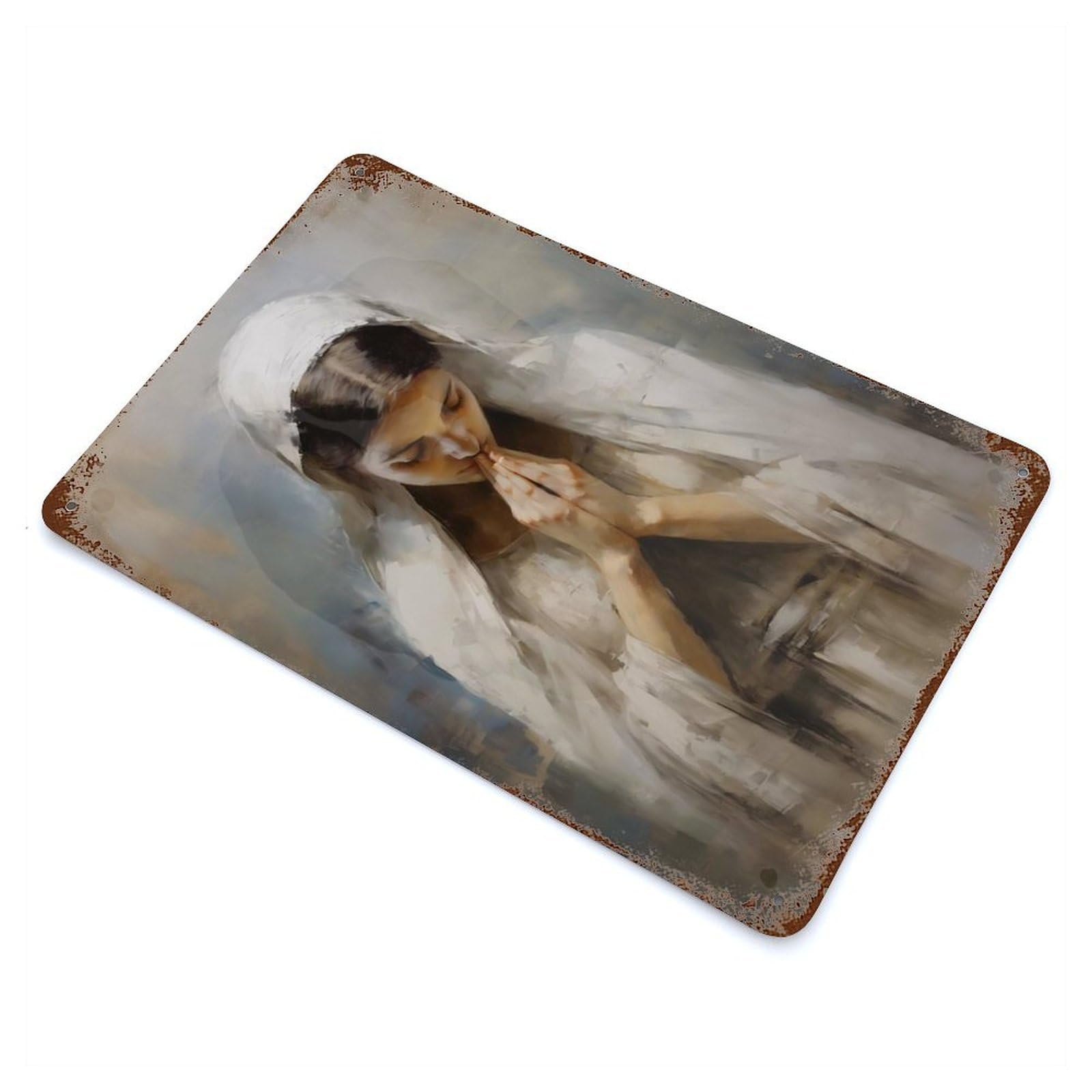 Rust Effect Christian Girl Praying Aged Metal Wall Plaque 11.8"x7.9", Farmhouse Wall Decor for Office, Studio And Wall Decor