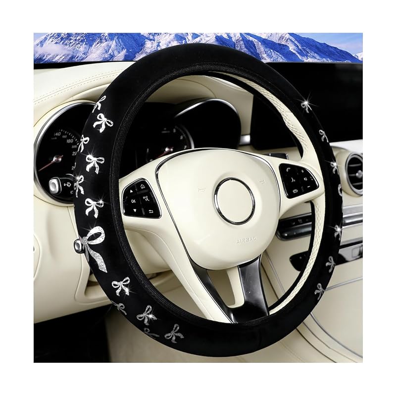 Capa elástica para volante TNAIYH com laço, preta/prata, para volantes de 36,8 a 38,1 cm