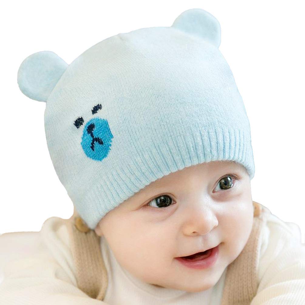XKT Baby Boys Girls Winter Knitted Hat Cute Bear Beanie Skull Cap (Light Blue)