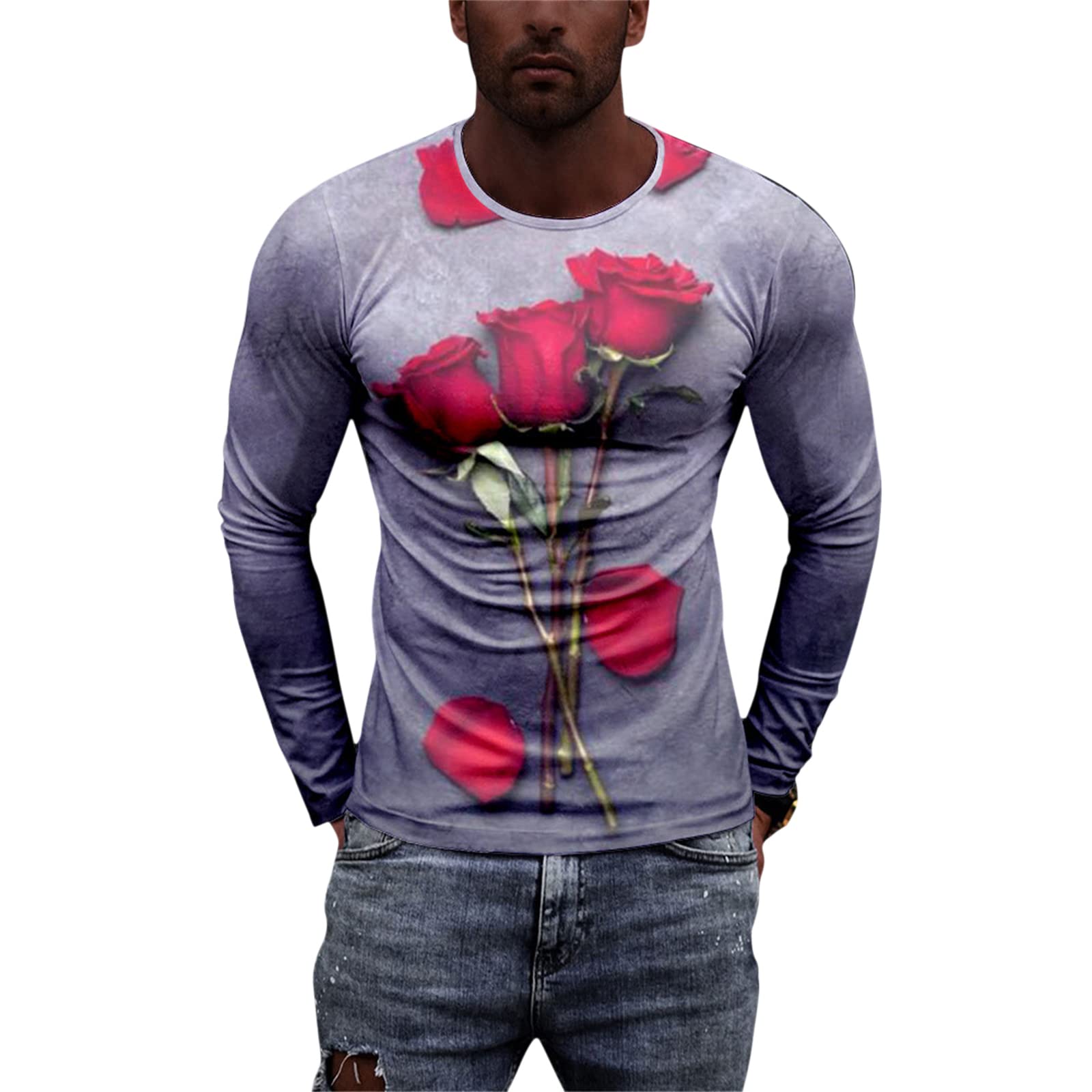 Keepmore Men's # 2 Rose Print Long Sleeve T-Shirt Round Neck Regular Fit Retro T-Shirts