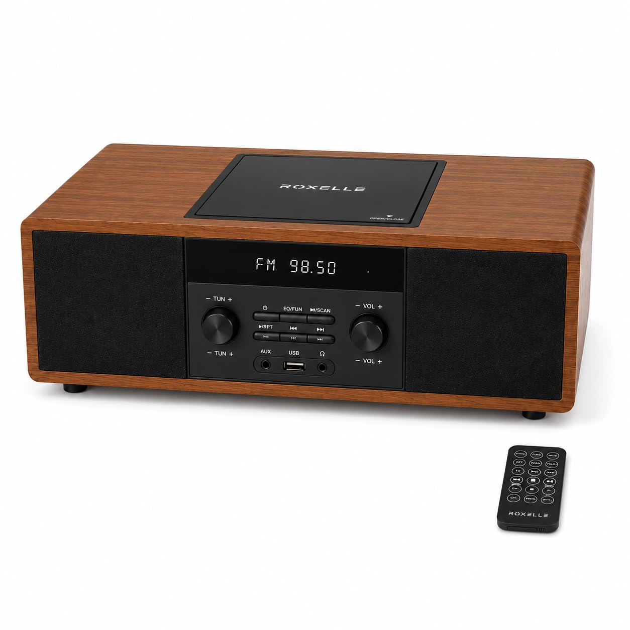 ROXELLE Sistema Hi-Fi compatto CD-440 con lettore CD, Bluetooth, radio FM, riproduzione MP3 USB, AUX e jack per cuffie, 2 altoparlanti stereo da 10 W, telecomando, finitura in legno di noce