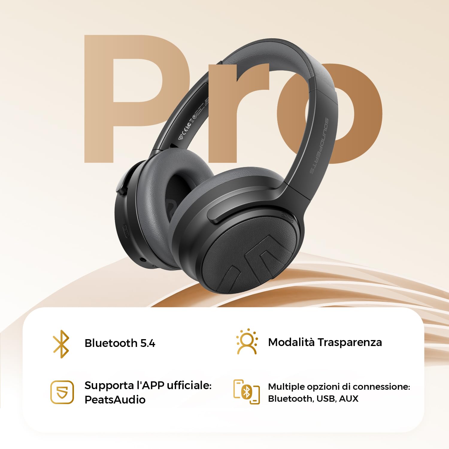 SoundPEATS Space Pro Cuffie Bluetooth 5.4 Over-Ear, Cancellazione Attiva del Rumore Ibrida, 151 Ore di Autonomia, LDAC Hi-Res Audio, Comode Regolabili, 282g, per Smart Working e Viaggi, Nero
