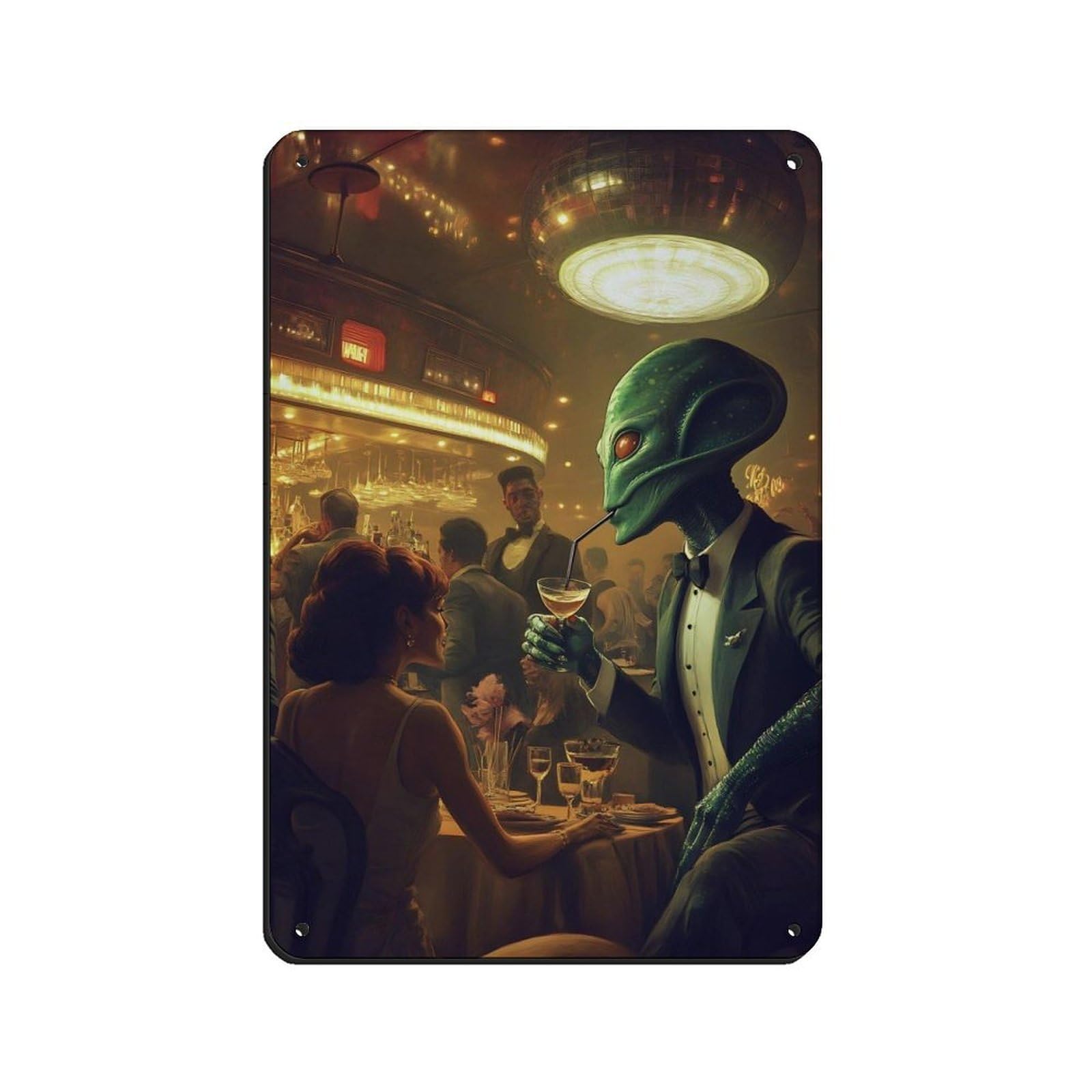 Vintage Alien in Tuxedo, Sci Fi Bar Scene Tin Sign Vintage Metal Pub Club Cafe Bar Home Wall Art Decoration Poster Retro 8x12inch(20x30cm)