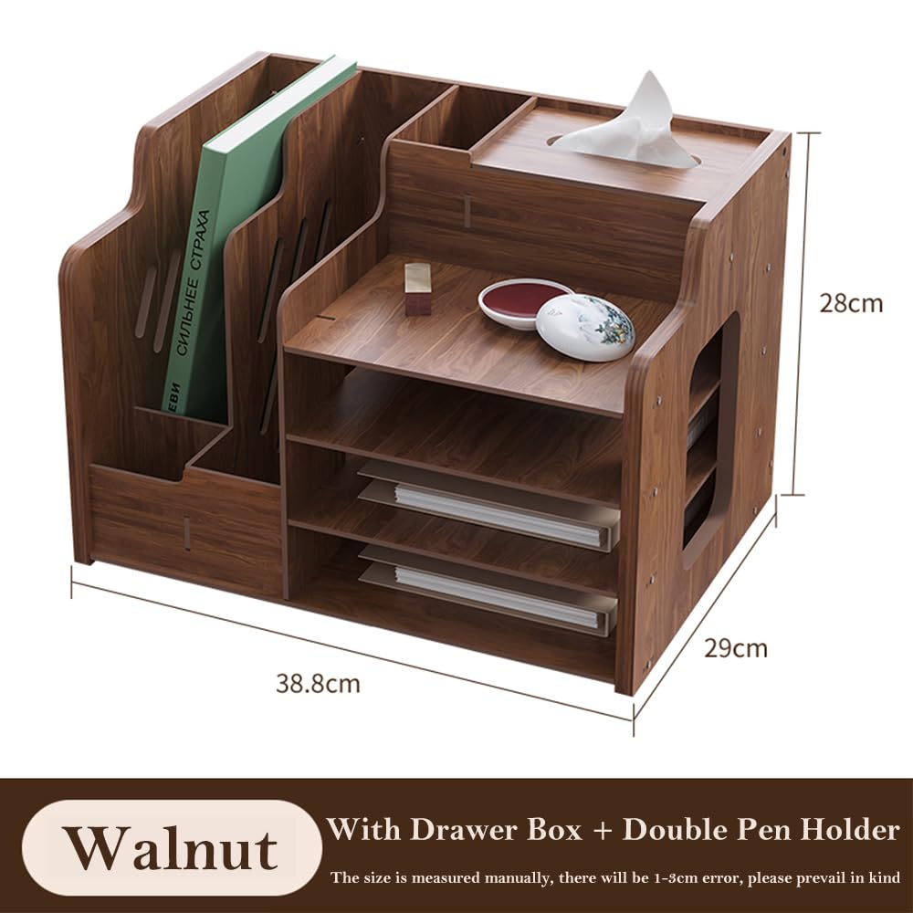 Hggzeg Wooden Desk Organiser, Large Capacity Desktop Organizer File Rack A4 Paper Document Sorter, DIY Office Supplies Storage Box for Home, Office and School (JB07 Walnut Wood) - Image 2