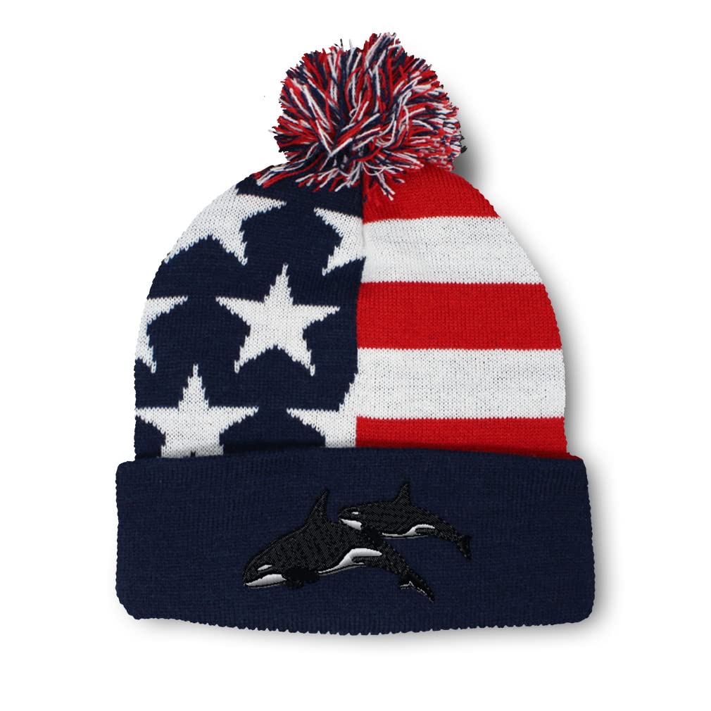 Pom Pom Beanies for Women Killer Whales Embroidery Skull Cap Whales Embroidery Ocean and Winter Hats for Men Acrylic 1 Size American Flag Design Only