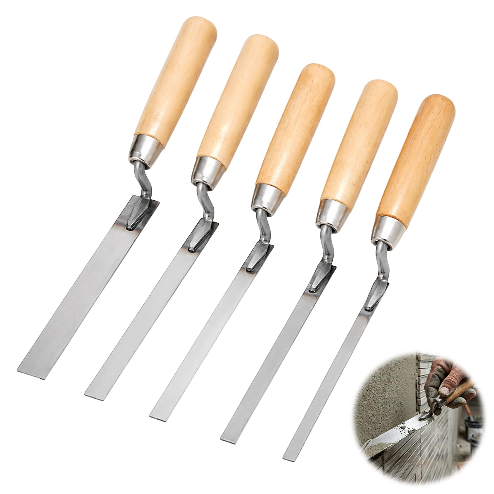5 PCS Finger Pointing Trowel Set, Includes 6, 8, 10, 12 and 14 mm Width, Flat Stainless Steel Stiff Tuck Tools with Wooden Handle, for Masonry, Brick & Mortar Work