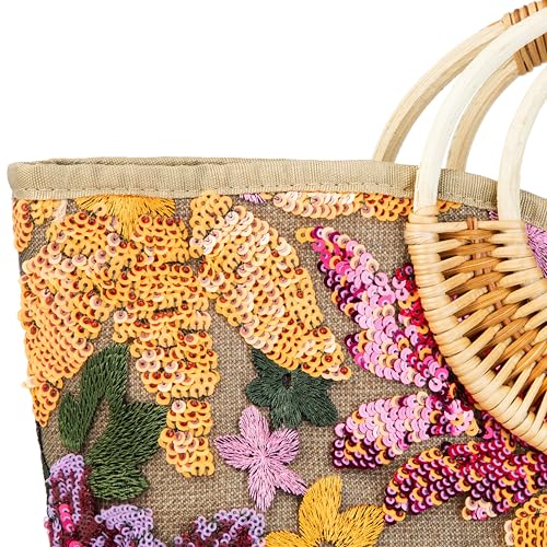 Image of Rattan Wood Handle Sequin Embroidered Floral Beach Bag Tote for Vacation and Wedding Party