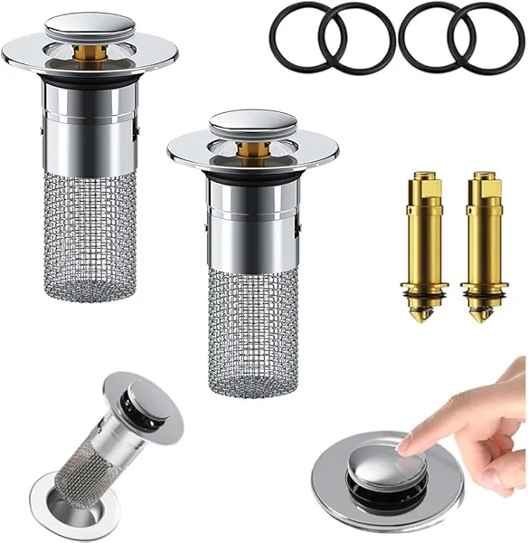 2Pack Bathroom Sink Drain Strainer, Pop Up Sink Drain Filter with Removable Stainless Steel Filter Basket Hair Catcher, for Us Bathroom Sink Stopper Replacement, Bathtubs, Showers & Floor Drains