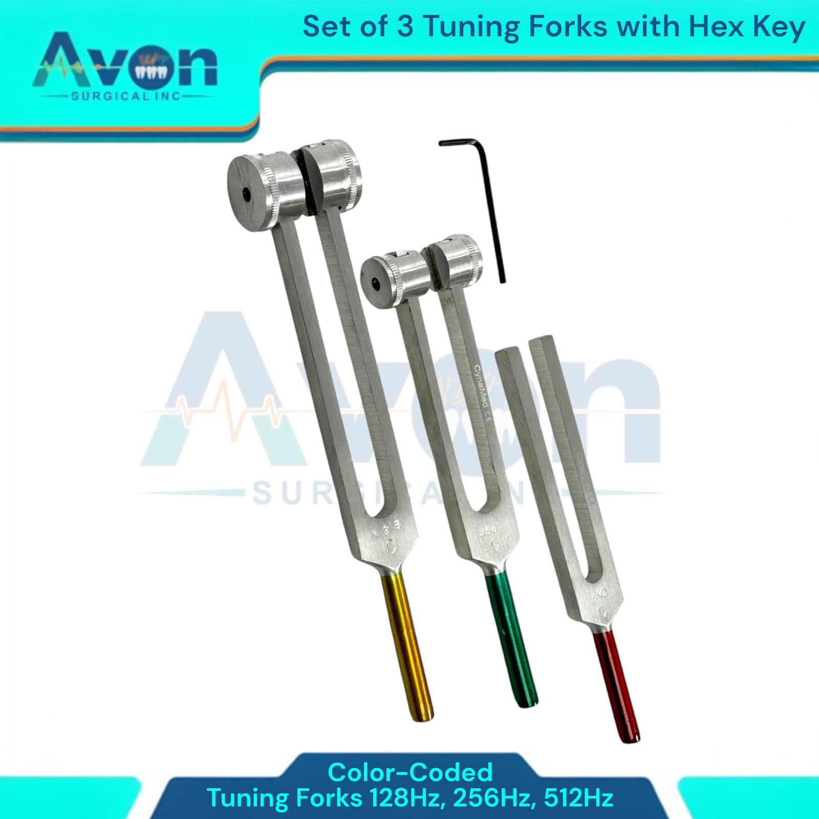 Tuning Forks with Removable Weights and L-Shape Hex Key | C-128 Hz, C-256 Hz, C-512 Hz - Non-Magnetic Forks - Color-Coded