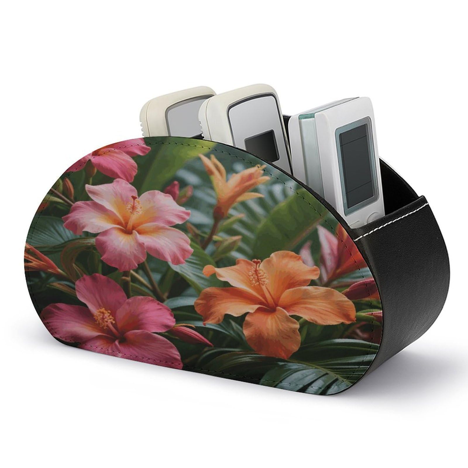 VstaDank Tropical Flowers Remote Control Holder PU Leather Multi-Functional Office Organizar Box Makeup Brush Holder Desk Storage with 5 Compartment TV Remote Media Player Box