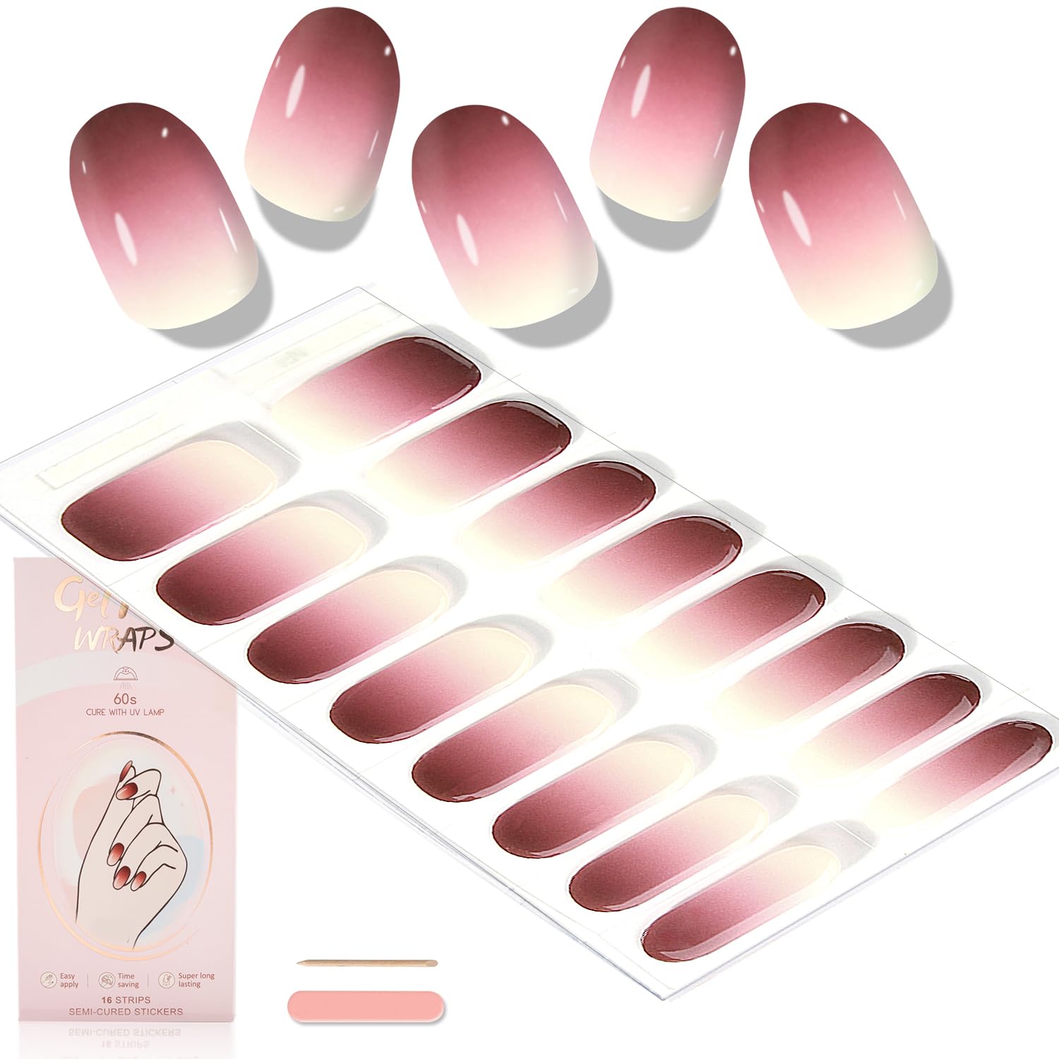 WOKOTO Semi Cured Gel Nail Strips (Gradient Burgundy)-16 Pcs Gel Nail Stickers | Gel Nail Wraps | UV Light Required, Salon Quality & Easy to Use, Real