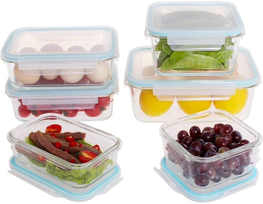 AILTEC 12 Piece Glass Food Storage Containers, Glass Lunch Containers with Airtight Locking Lids, Glass Meal Prep Containers BPA-Free, for Home Kitchen or Restaurant