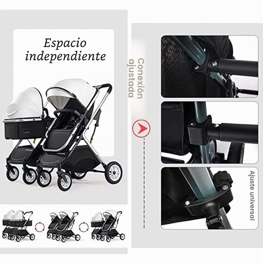 Rieort Cochecitos en tándem Plegables, Cochecito Gemelo de Paisaje Alto, Cochecito con Carrito de Gran Espacio, Cochecito Doble de Metal con Dosel Ajustable