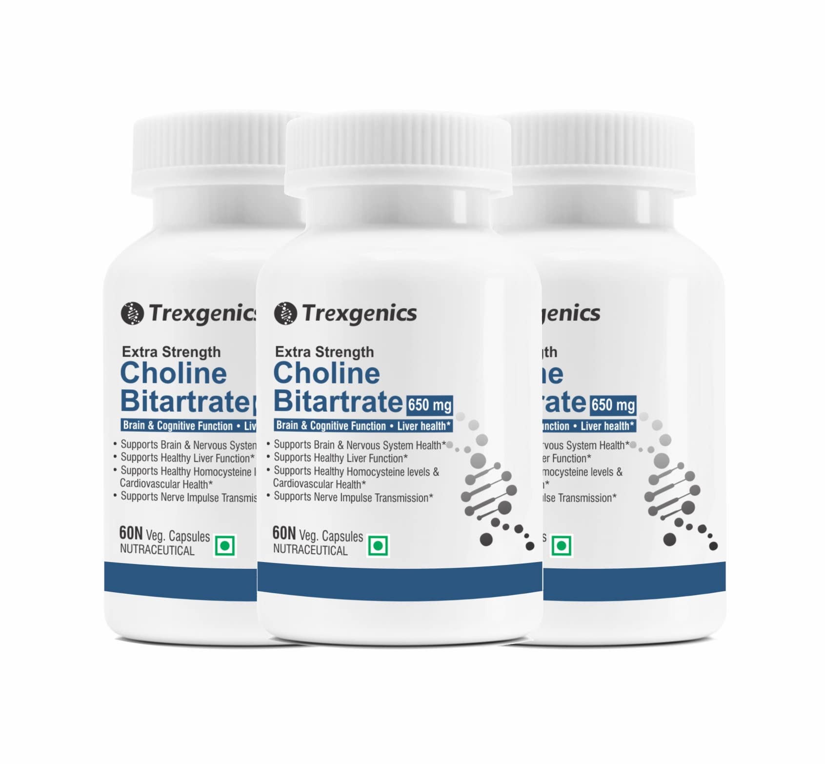 Trexgenics CHOLINE BITARTRATE 650 mg Cognitive Function, Fat Metabolism, Brain & Nervous System Health Support VEGAN & NON-GMO (60 Veg. Capsules) (Pack of 3)
