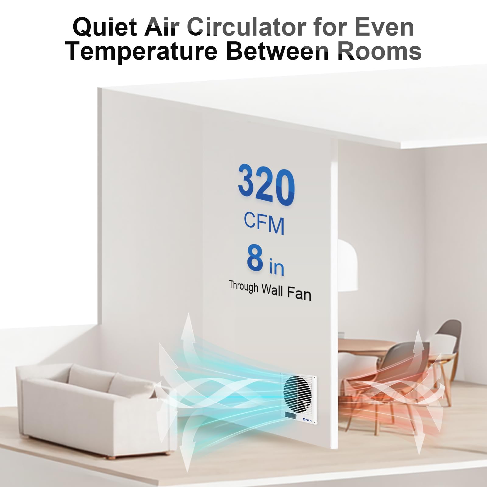 Ventilador de transferencia de aire de habitación a habitación de 8 pulgadas para circulación silenciosa, diseño de flujo de aire reversible, ventilador de pared programable de 320 CFM, calidad de