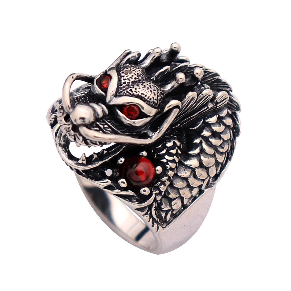 ForFox Anillo de cabeza dragon chino de plata de ley 925 negro con ojos rojos para hombres mujeres talla 16-28
