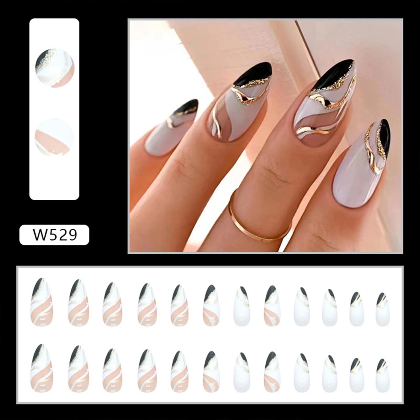 French Almond Fake Nails,Cute Acrylic Nails,Fake Nails with Pentagram,Nude Ladies Artificial Nails 24 pcs: Black and white gold thread
