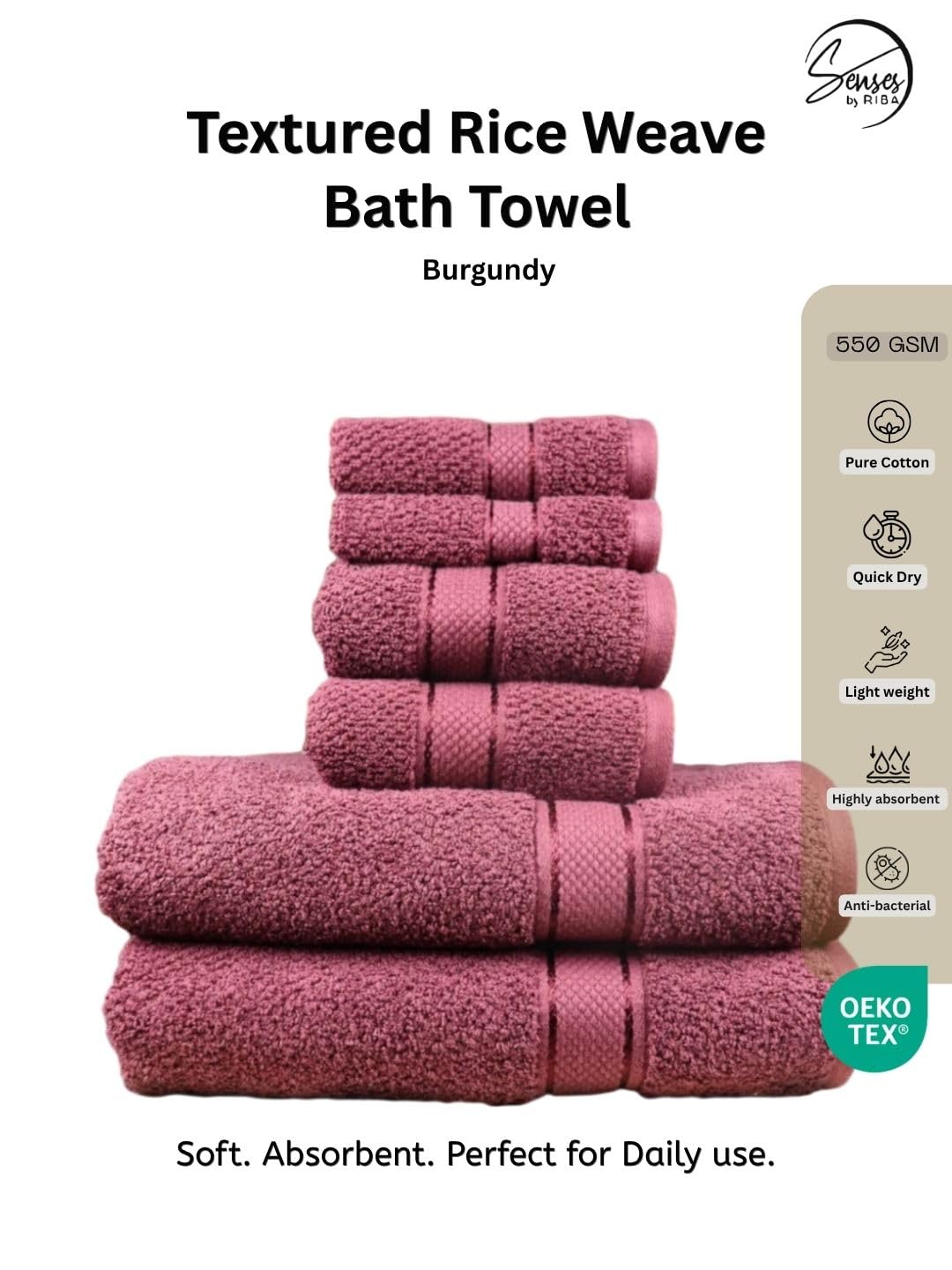 SENSES by Riba Textured Rice Weave Cotton Towels Set (6 Pieces, 550 GSM, Burgundy) | Bath Towel Combo - 2 Bath, 2 Hand & 2 Wash Towels | Antimicrobial, Soft, Absorbent Ideal for Daily Use & Gifting