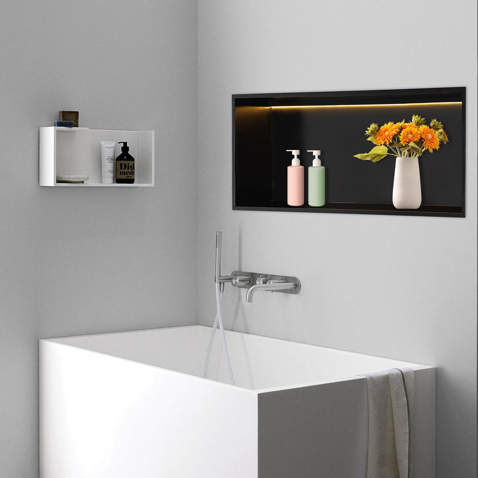 Edelstahl Duschnische: Wandnische mit LED-Licht, 70 * 28 * 12,5cm, ideal für Badezimmeraufbewahrung, Schwarz