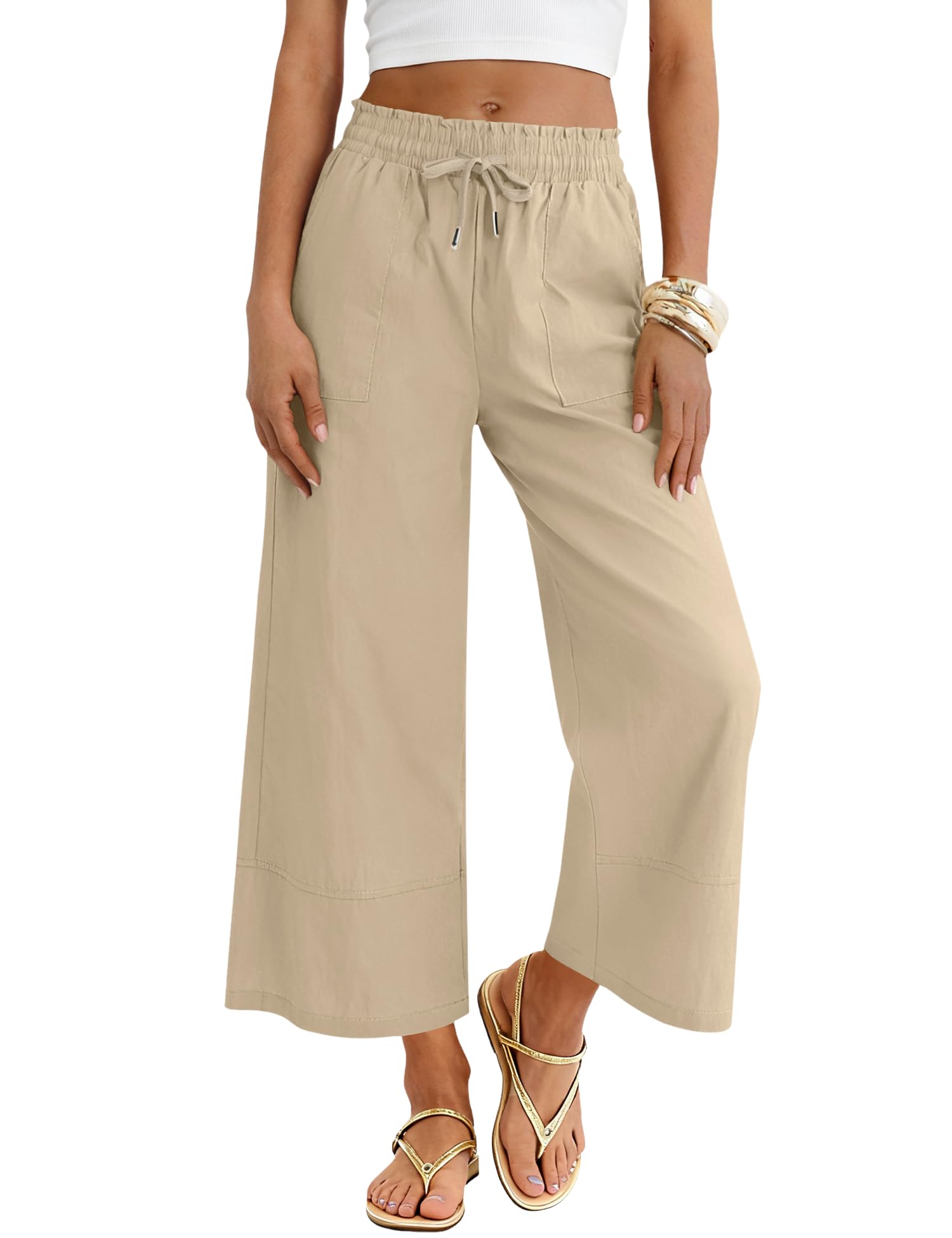 LOMON Womens Wide Leg Pants Dressy Casual Palazzo Pants Flowy Slacks Elastic Waist with Pockets