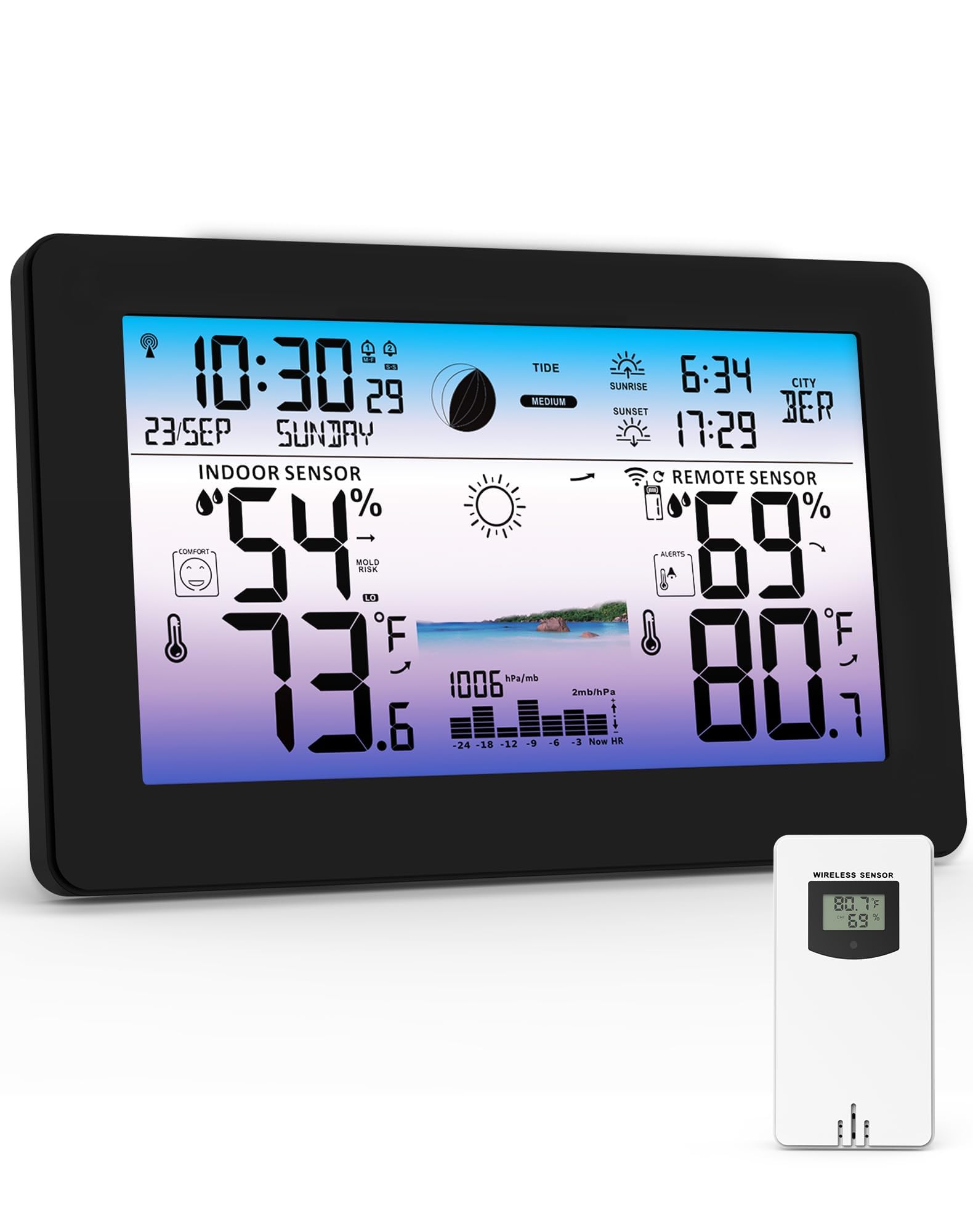 Weather Station Wireless Indoor Outdoor with Large Color Display | Digital Thermometer with Accurate Temperature & Humidity, 1 Remote Sensor, Weather Forecast, Atomic Clock, Moon Phase-image-44