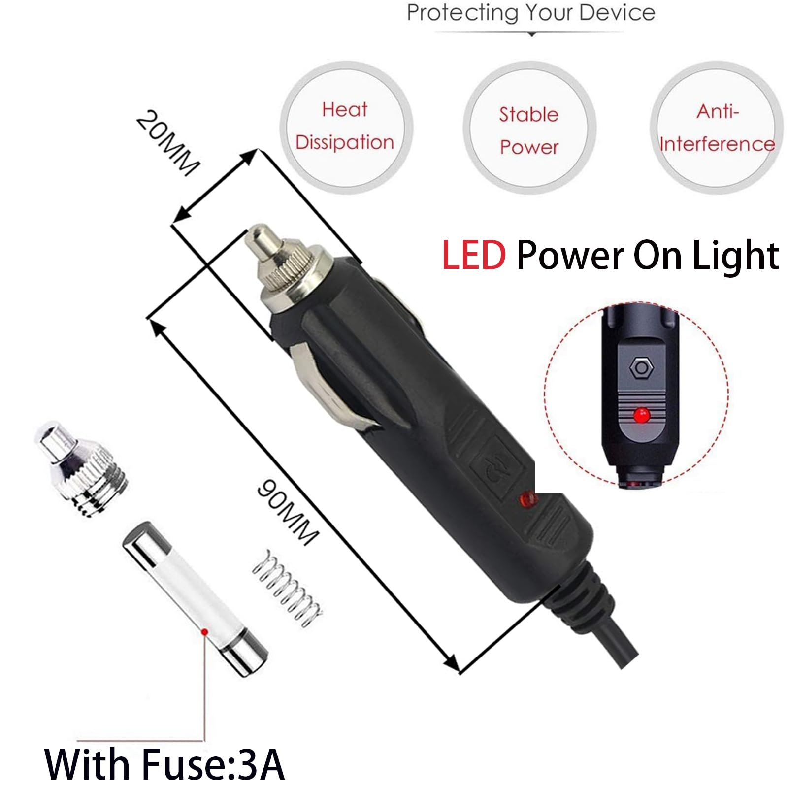 Amazon.com: 12V 24V DC Car Charger Auto Power Supply 20AWG Cable3M,DC 5.5mm  x 2.1mm to Car Cigarette Lighter Male Plug Car Cigarette Lighter Cable for  Car Refrigerator Cars, Trucks, Buses,with Additional Fuse ﻿ :