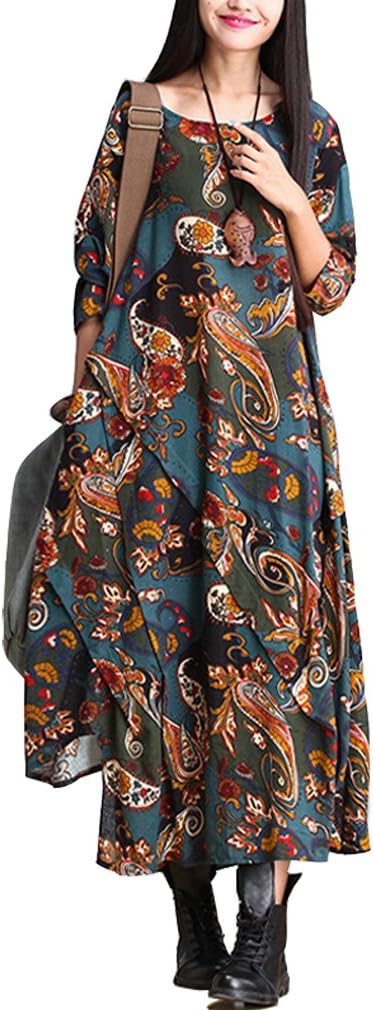 Serenely 2015 Women's 100%cotton 3/4 Sleeve Paisley Print Dresses Vintage Dress