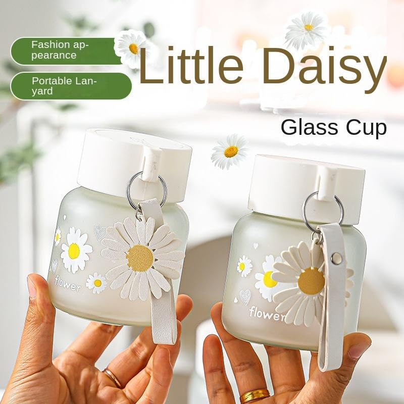 Image of Cute Daisy Flower Water Bottle With Lid And Keychain, 350 ML, Set Of 2 Leak-Proof Reusable Juice, Coffee, Milk, Smoothies, Tea, Mini Glass Drink Bottle For Kids, Office, Travel & Gifting