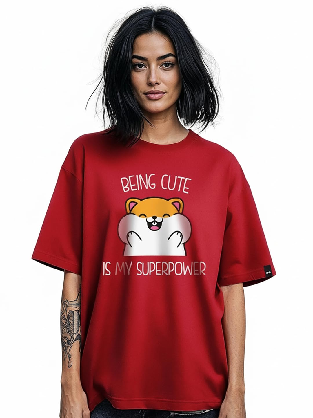 bewakoof Women's Being Cute is My Super Power Graphic Print 100% Cotton T-Shirt- Oversized Fit, Round Neck, Half Sleeve-picture-14