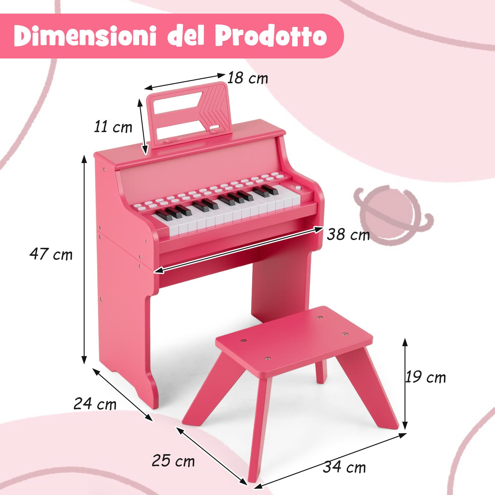 COSTWAY Pianoforte Digitale Bambini a 25 Tasti con Luci, Pianola Elettrica con 6 Toni, 15 Demo e 8 Percussioni, Set Tastiera Musicale con Sgabello e Leggio Rimovibile, per Bambini 3+ Anni (Rosa)