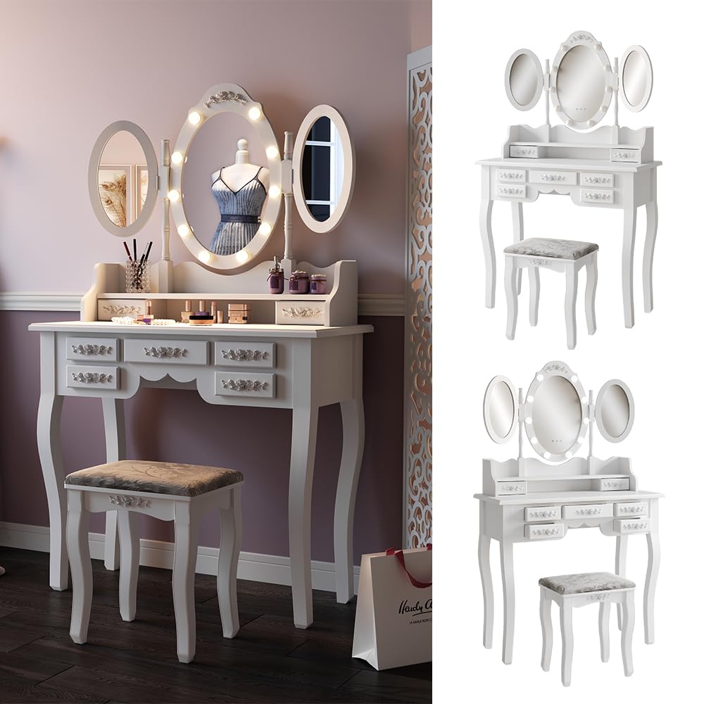 Vicco Tavolo da toeletta Diana, Bianco, 90 cm | con illuminazione e sgabello, con illuminazione LED e sgabello, specchio regolabile in altezza