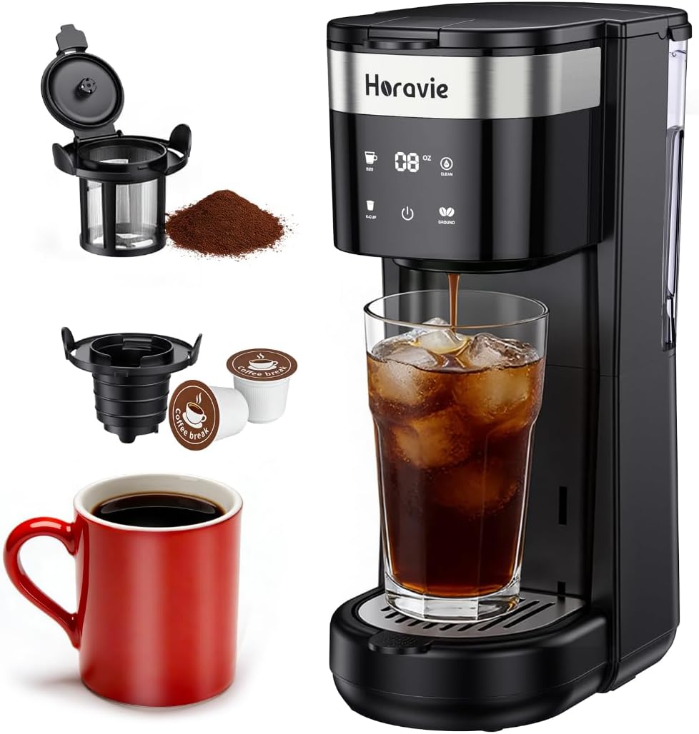 All-in-1 Single Serve Coffee Maker, Fit 7.8" Travel Mug, Hot & Iced K Cup Coffee Machine with 5 Brew Sizes, One Cup Coffee Maker with Descaling and Low Water Alert, 30oz Removable Reservoir, Black