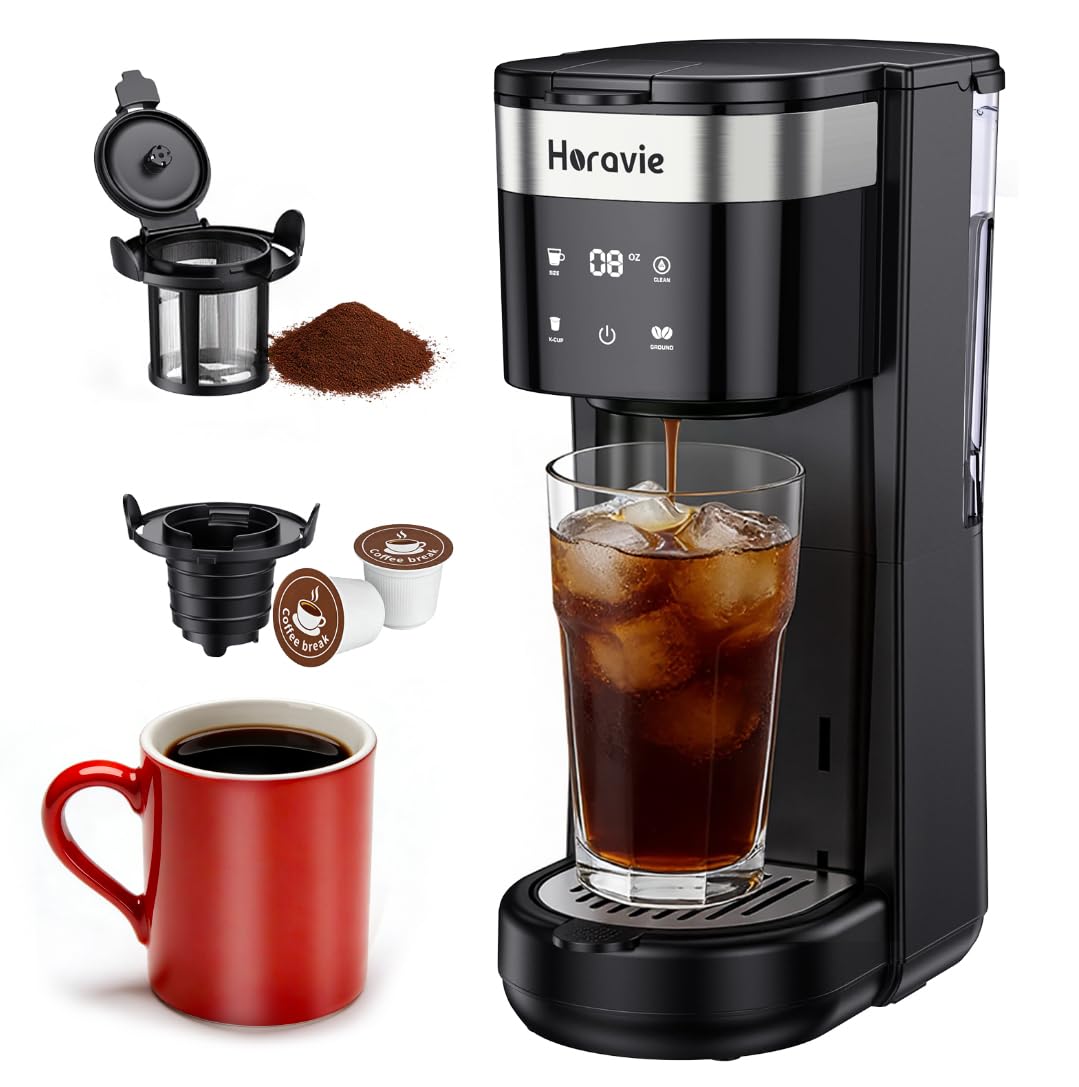 All-in-1 Single Serve Coffee Maker, Fit 7.8" Travel Mug, Hot & Iced K Cup Coffee Machine with 5 Brew Sizes, One Cup Coffee Maker with Descaling and Low Water Alert, 30oz Removable Reservoir, Black