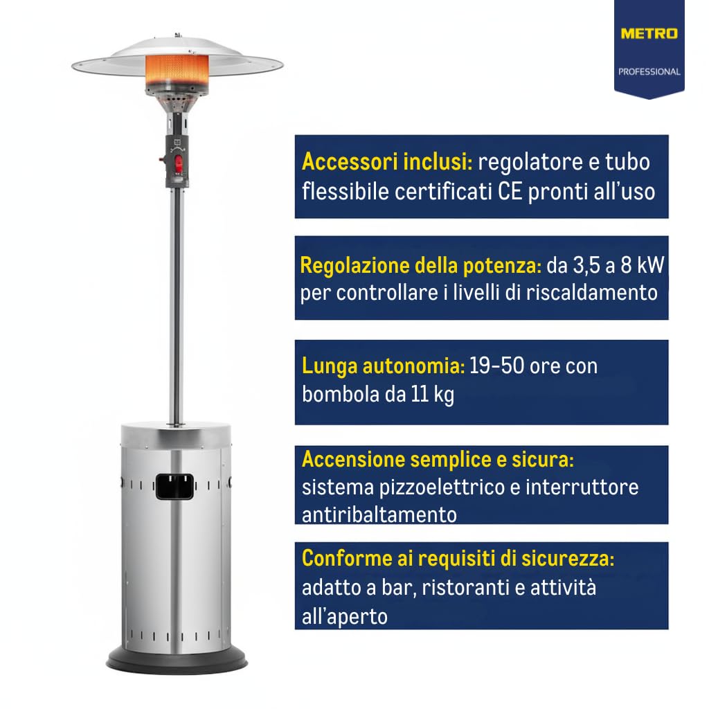 METRO Professional Fungo riscaldante per esterno, acciaio inox, bruciatore ecologico, 76x76x218 cm, da 19 a 50h di funzionamento, accensione elettrica, rotelle, regolatore e tubo flessibile inclusi