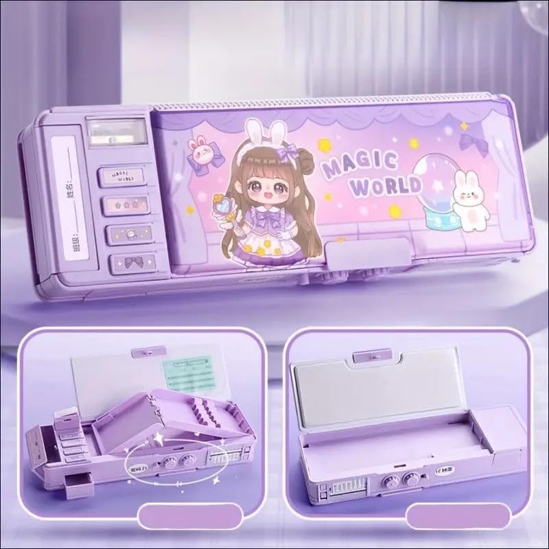 Image of Royals hub Plastic Galaxia Multifunctional Magic World Password Lock Double Sided Compass Box for Kids, Aesthetic Stationary Items, Baby Girl Theme Pencil Case Return Gifts for Kids, Purple