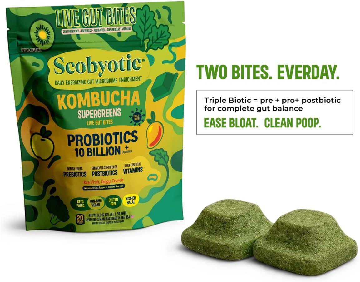 Scobyotic® Kombucha Supergreens Live Gut Bites – 10 Billion CFU Probiotics + Prebiotics & Postbiotics – Kombucha & Supergreens – Freeze-Dried Probiotic Supplement