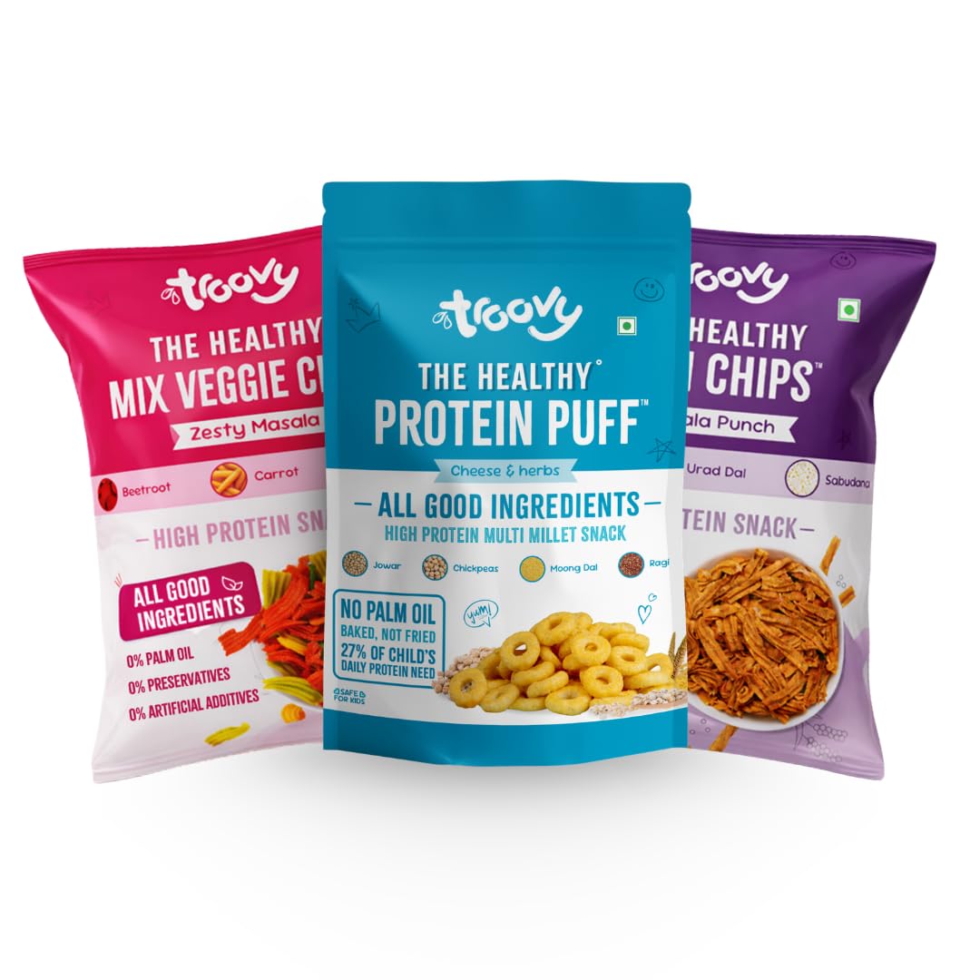 Troovy Healthy Chips & Puff Value pack | Tasty & High Protein Snacks | 30% Of Protein Needs | No Palm Oil, Cholesterol or Trans Fats | No Junk & Chemicals | Mix Vegetable chips (Zesty Masala , 70gm x 1) | Ragi Chips (Masala Punch, 70gm x 1) | Protein Puffs (Cheese & Herbs, 80gm x 1)-image-27