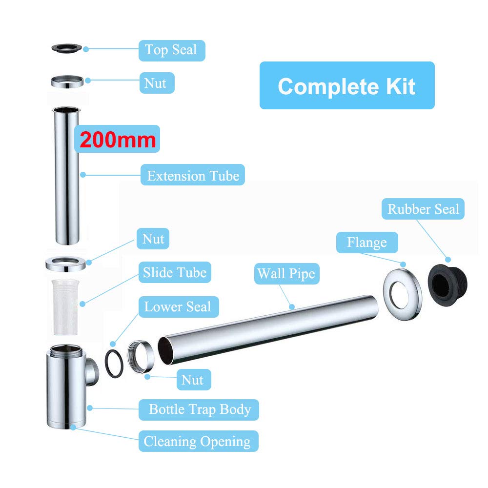 Laiton Siphon de Lavabo, Keymark Universel Siphon Design 1 1/4 x 32mm, Piège à Déchets avec Extra Long Tube d'extension 200mm, Anti Odeur Anti-fuite, Chromé