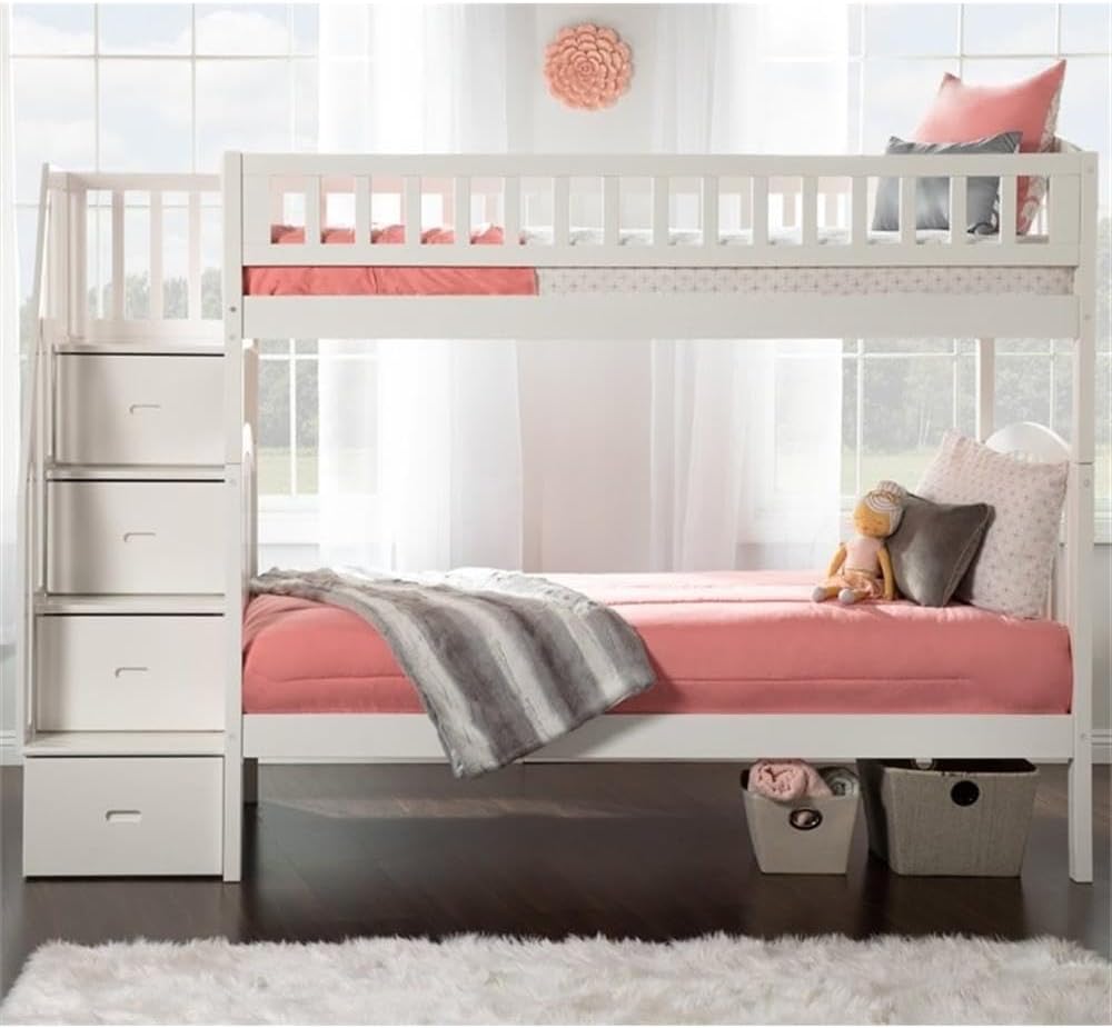 Pemberly Row Traditional Staircase Bunk Bed, Twin Over Twin, Solid Wood, White Finish, Built-in Shelves, Storage Drawers, USB Charging Station, Arched Headboard, Durable Kids Bedroom Furniture