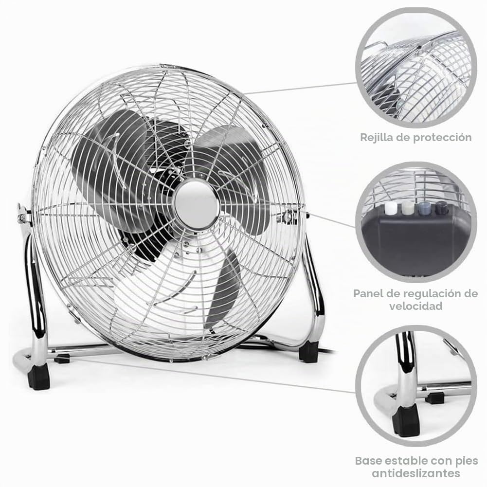 Bakaji Ventilador de suelo de metal, potencia de 100 W, con aspas de 50 cm de aluminio, inclinables y motor de 3 velocidades