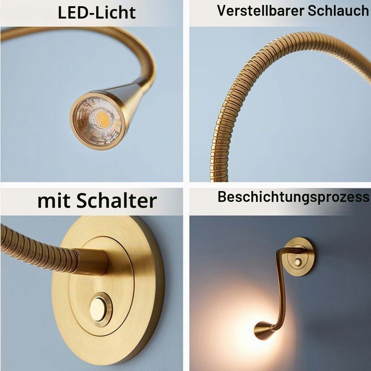 AoLa LED Schwanenhals Lampe Wandlampe mit Schalter Wandleseleuchte Innen 360° Flexible Drehbar Wandleuchte Gold Wandmontage Leselampe für Schlafzimmer Nachttisch Hotel Arbeitszimmer