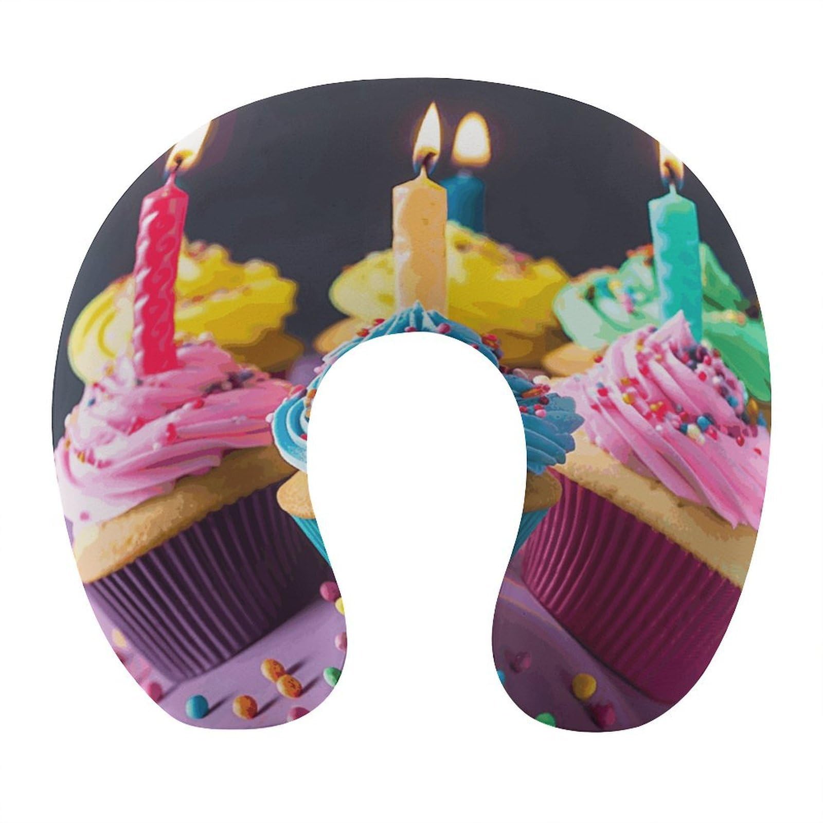 FekiLoot Colorful Happy Birthday Cupcakes Travel Pillow,U Shaped Office Napping Pillow Support Neck and Head Comfortable Travel Neck Pillow U Shape Sleeping Essentials for Long Haul Flights