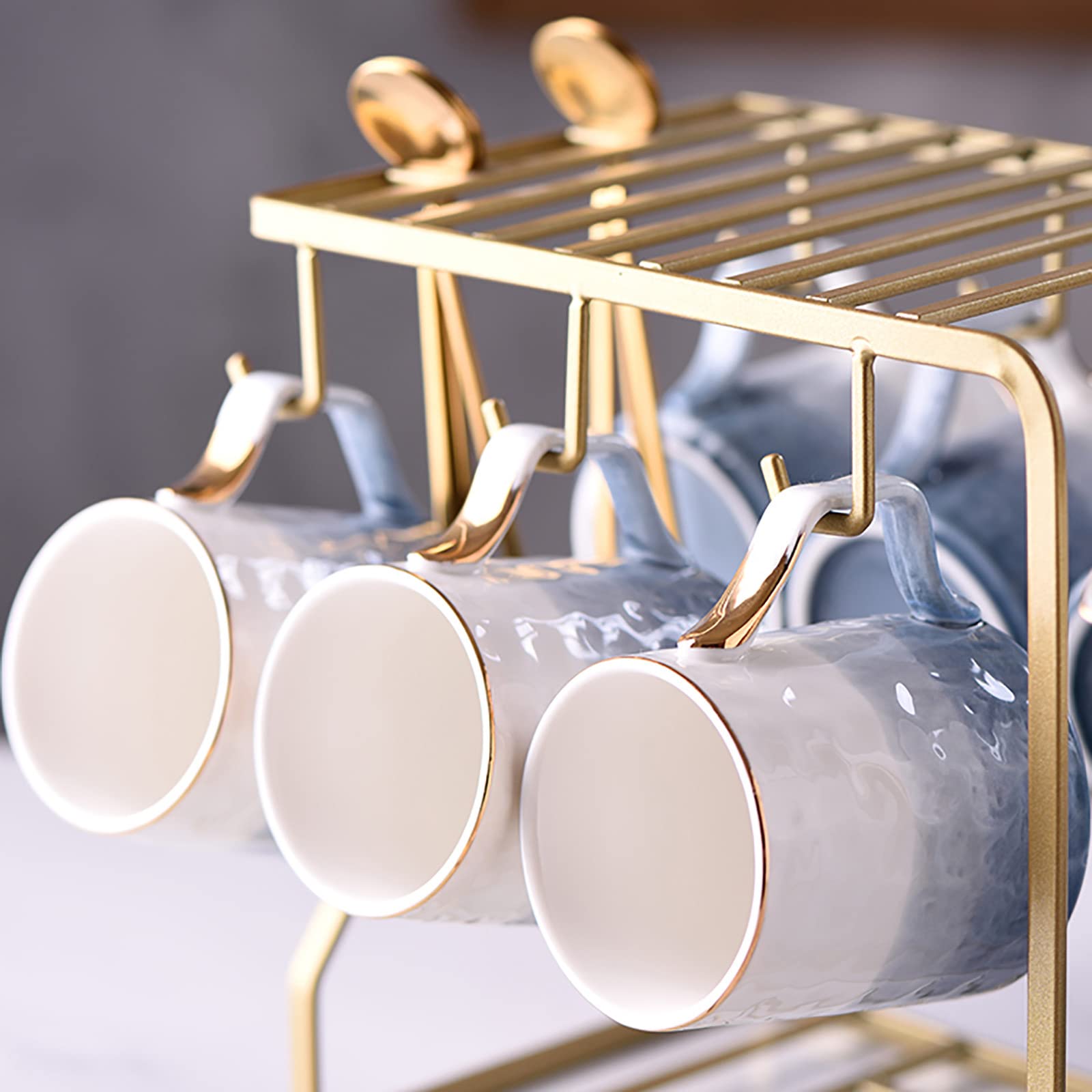 Zestaw filiżanek do espresso, kubki do kawy, porcelanowe zestawy do herbaty z metalowym stojakiem dla dorosłych nowoczesny z uchwytem na kubek i łyżeczką do wody