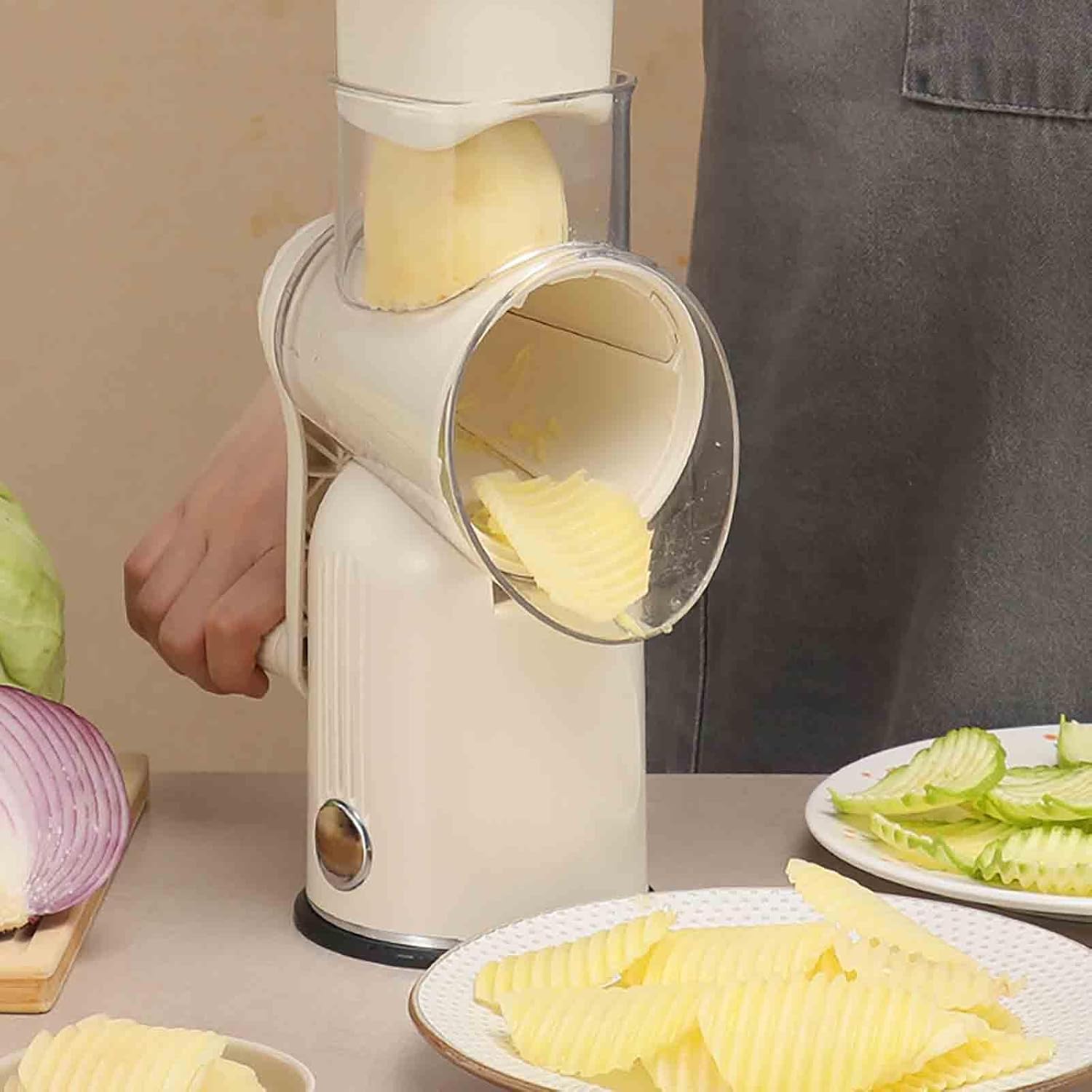 Rotary Cheese Grater with Suction Base, Shredder Kitchen with Handle, Cheese Rotary Grater with 5 Well-Designed Blades, Mandoline Slicer & Food Chopper for Kitchen, Easy to Clean (White)