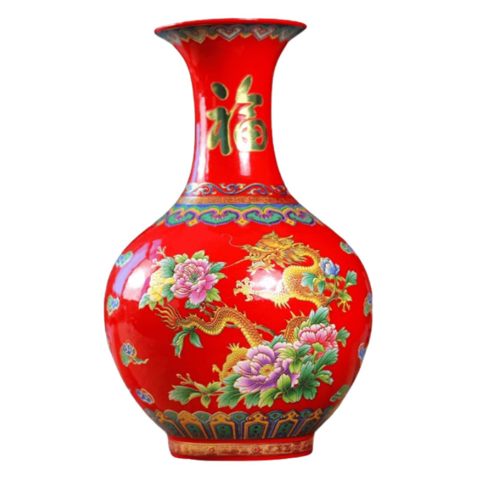Luminous Jingdezhen Ceramics Dragon and Phoenix Chengxiang Enamel Vase Ornaments Living Room Home Flower Arranging Antique Porcelain(Red H23cm*w14cm)