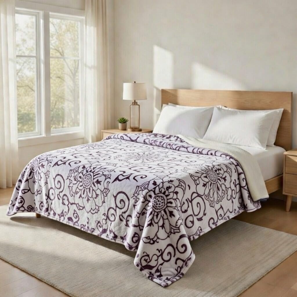 Sacred Thread Fleece Blanket 79"x95" – Reversible South Western Design, Vibrant Aztec Pattern for Home, Native American Style, Big Floral Firework, Boho Blanket Purple Queen