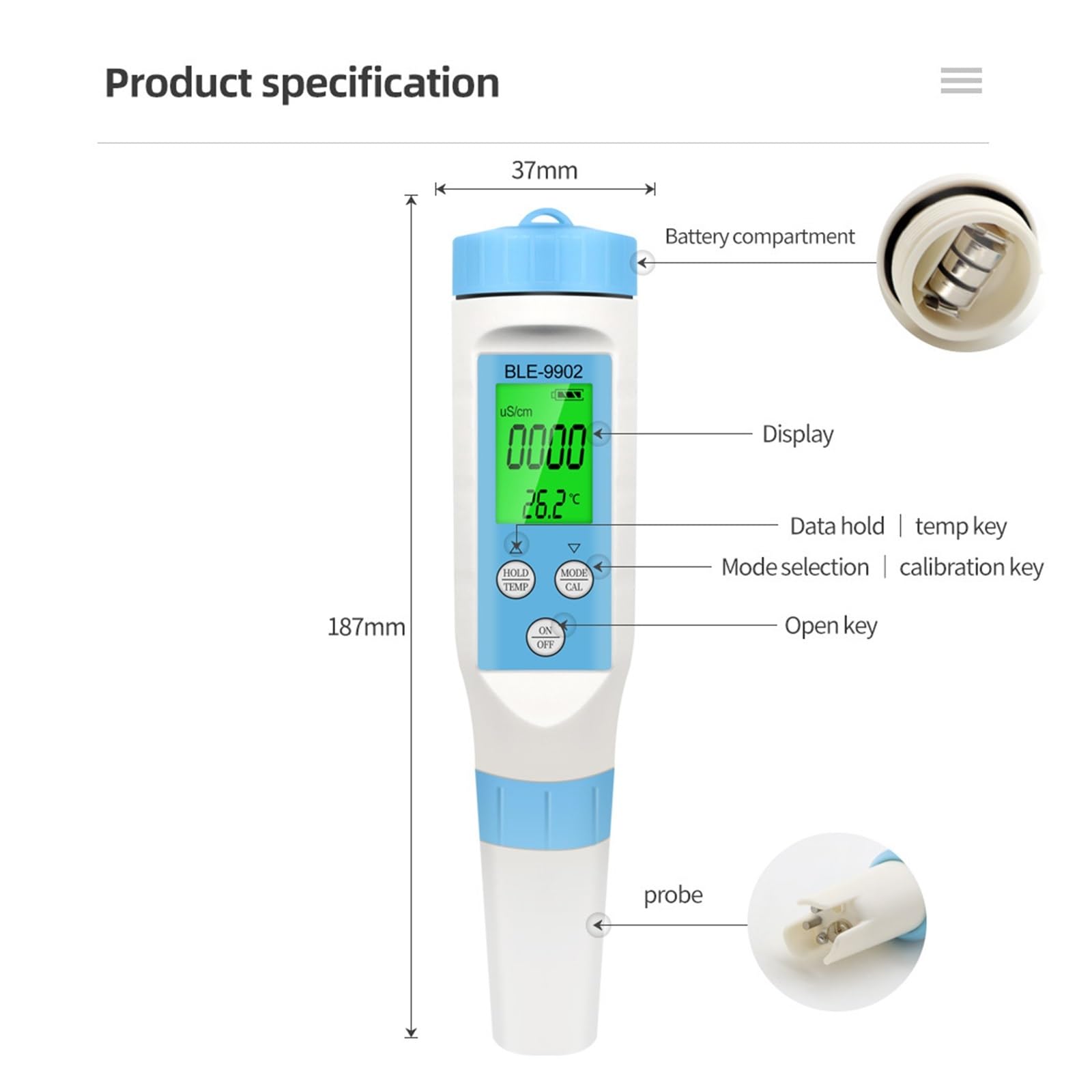 3 in 1 Strumento for Il Test Acqua PH/EC/Temp del Misuratore di PH Bluetooth con Retroilluminazione Tester for Monitor della qualità Acqua Digitale for Acquario