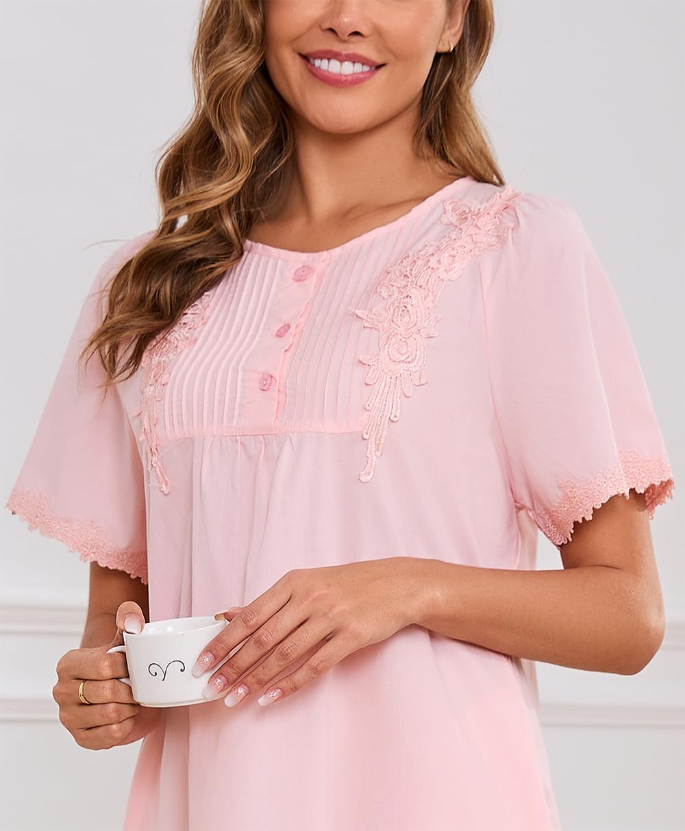 AVIIER 100% Cotton Nightgowns for Women Short Sleeve Night Gown with Pockets - Image 5