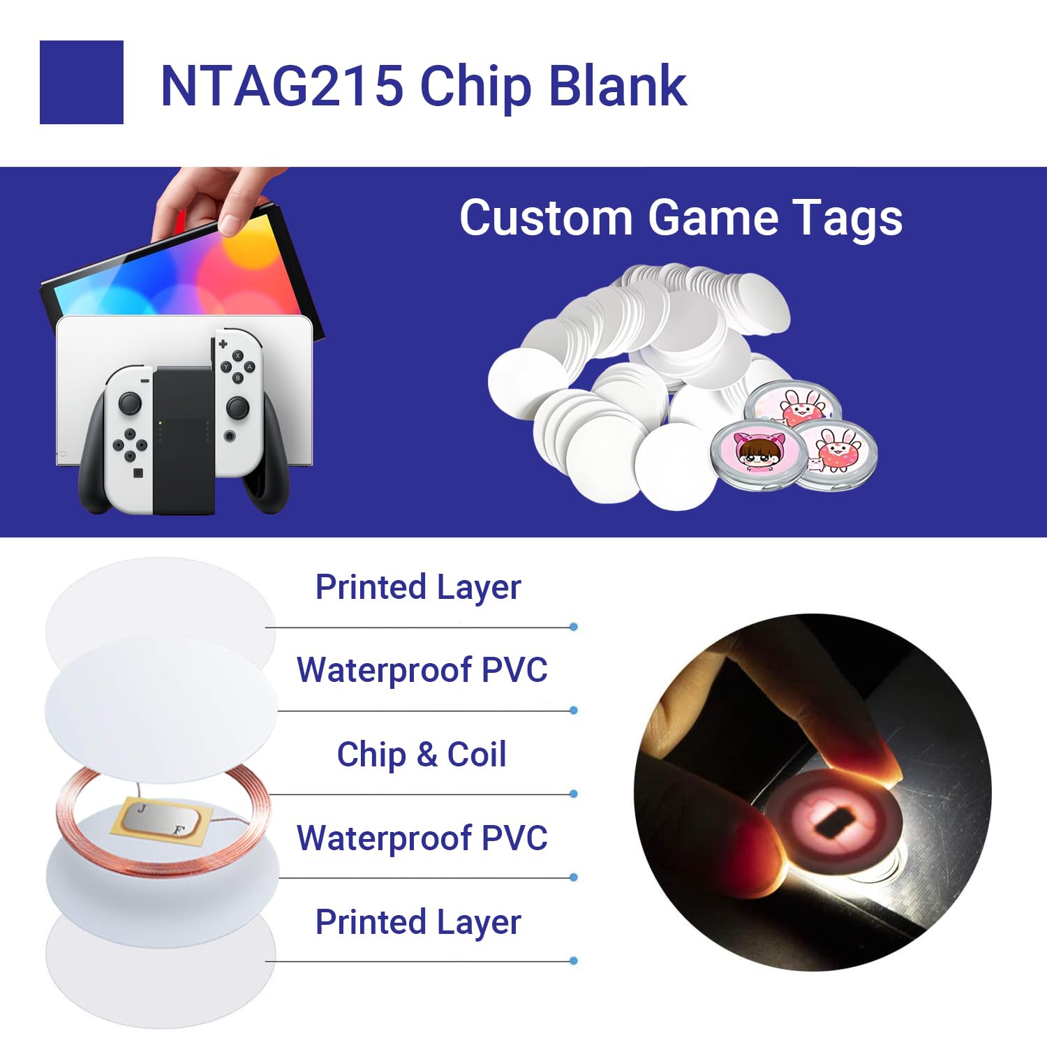 Origin-Joy 50 PCS NFC Tags, NTAG215 Blank Waterproof 25mm Round Coin NFT  Chips with Adhesive,