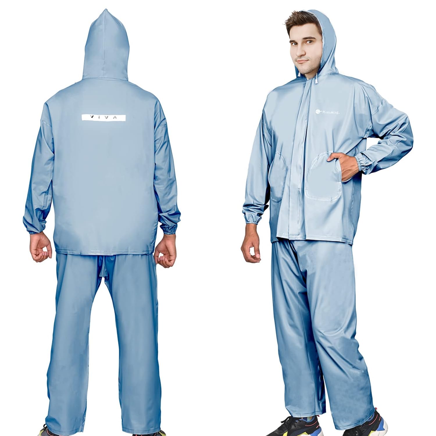 HACER Mustang Raincoat with Hood Water Resistant Bike Rainsuit Adjustable Hem Side Pockets Rainwear Set of Top & Bottom (Universal, Blue)-picture-42